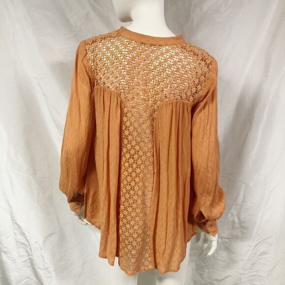 FREE PEOPLE Orange Crochet Back Blouse Top - Picture 1 of 7